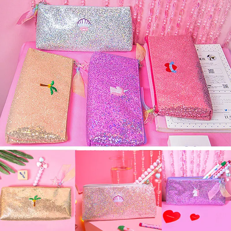 

Cute Sequins Embroidery sequins Student Girl Pencil Case Storage Woman Makeup Bags Pouch Cosmetic Girls Student Pencil Bags