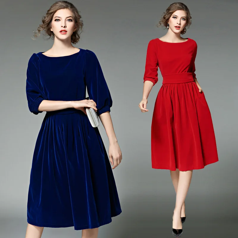 Velvet Slash Neck 3/4 Sleeve Pleated Dress Women Slim Tunic Dress Elegant Casual Fashion Office Str