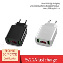 USB зарядное устройство 5 В 2.2A Быстрая зарядка светодиодный дисплей EU/US 2 порта USB для iPhone X samsung S9 S10 Xiaomi huawei дорожное настенное зарядное устройство