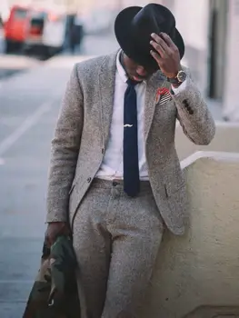 Ceny Najnowsze Wzory Płaszcz Pant Szary Tweed Slim Fit Garnitury ślubne Dla Mężczyzn Skinny ścięty Lapel Wykonane Na Zamówienie Smokingu 2 Sztuk Vestidos S