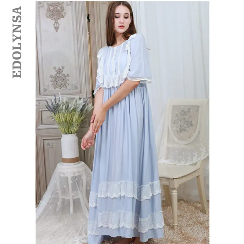 

Elegant Solid Nightwear Women Victorian Nightgown Half Sleeve Sleepwear Lace Patchwork Ruffled Hem Night Dress Plus Size T330