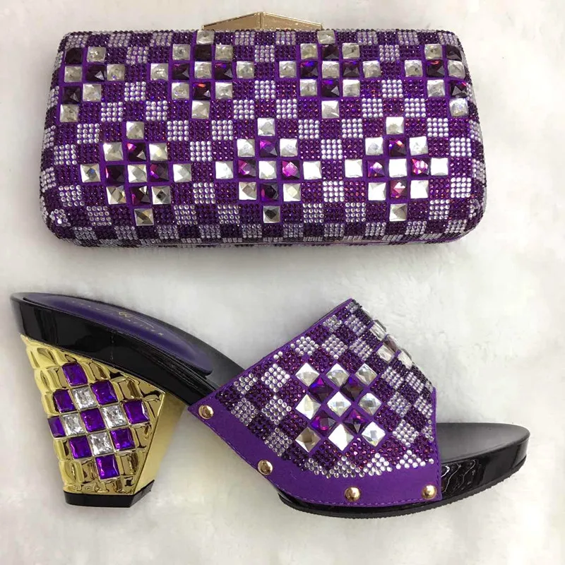 Italian design high heel shoe and bag set African shoe and bag set white stones TH16