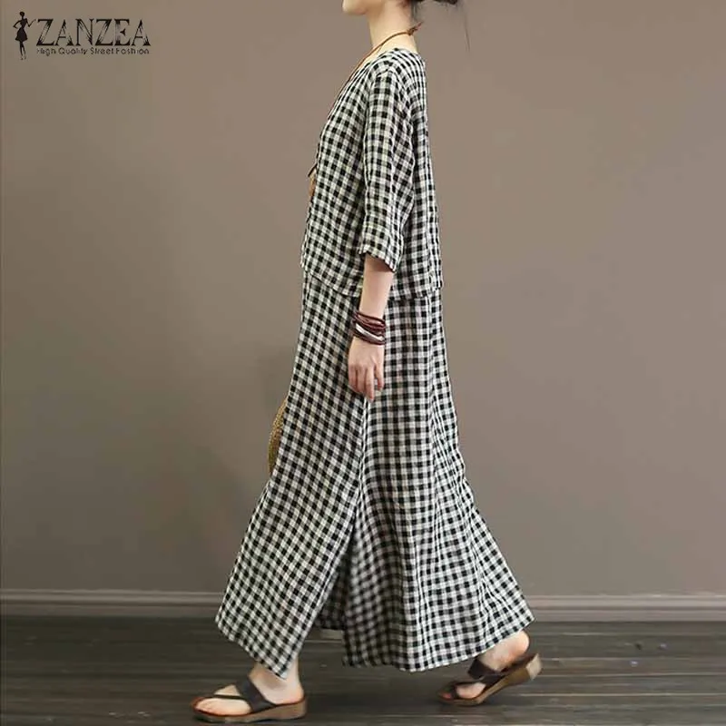 ZANZEA Vestidos летнее женское длинное Макси платье 3/4 рукав винтажная уличная Туника клетчатое платье раздельный пляжный Сарафан Плюс Размер