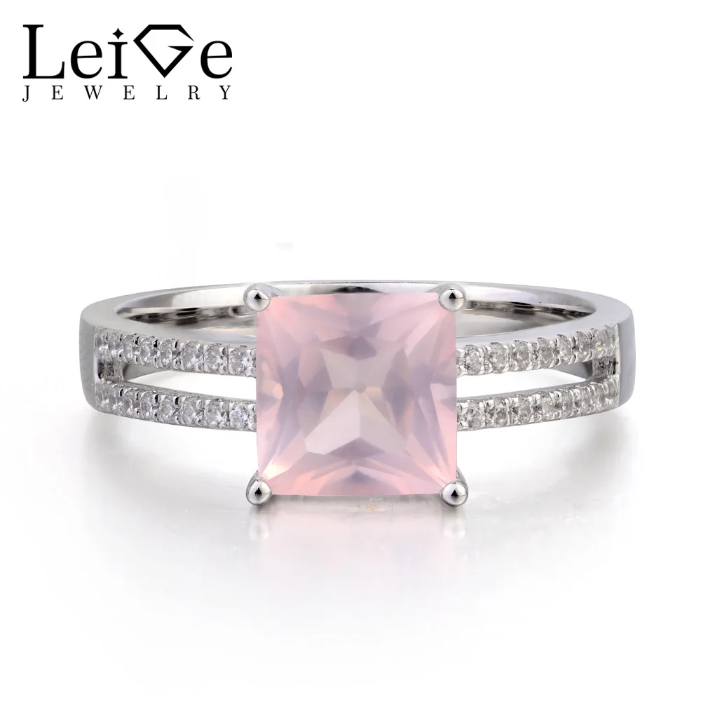 Leige Jewelry Wedding Ring Genuine Natural Pink Quartz Ring Square Cut Pink Gemstone 925 Sterling Silver Ring Gifts for Women Leige Jewelry Wedding Ring Genuine Natural Pink Quartz Ring Square Cut Pink Gemstone 925 Sterling Silver Ring Gifts for Women