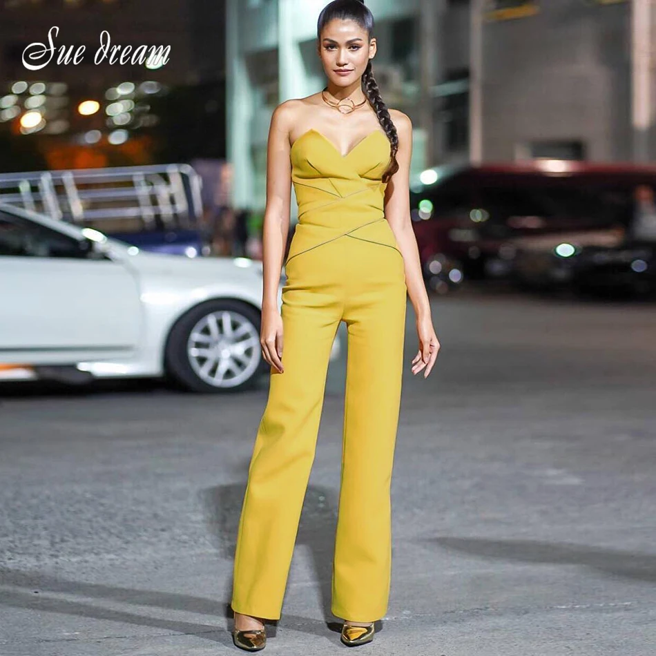 

2019 Summer New Women Fashion Sexy Elegant Sleeveless Strapless Jumpsuit Bodycon Yellow Club Party Jumpsuit Vestidos