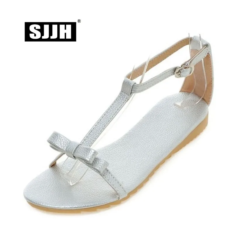 SJJH Woman Flats Open Round Toe Flat Heel Solid Sandals Fashion Beach Casual Shoes Comfortable Footwear Large Size S193