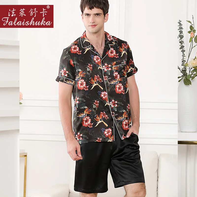 

falaishuka 19 momme 100% silk short pajamas sets men Sleepwear 100% mulberry silk short sleeve summer male elegant pyjamas T9043