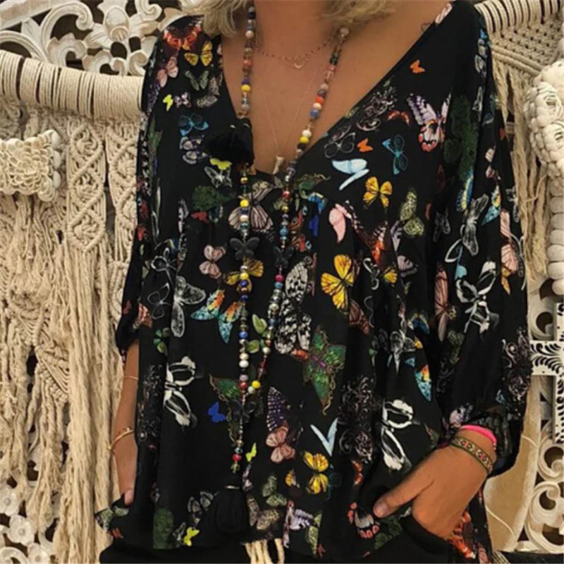 

Autumn Sexy Women Blouse Plus Size Women Blouses Floral Clothing Long Sleeve Blouse V Neck Shirt Tops Womens Tops And Blouses