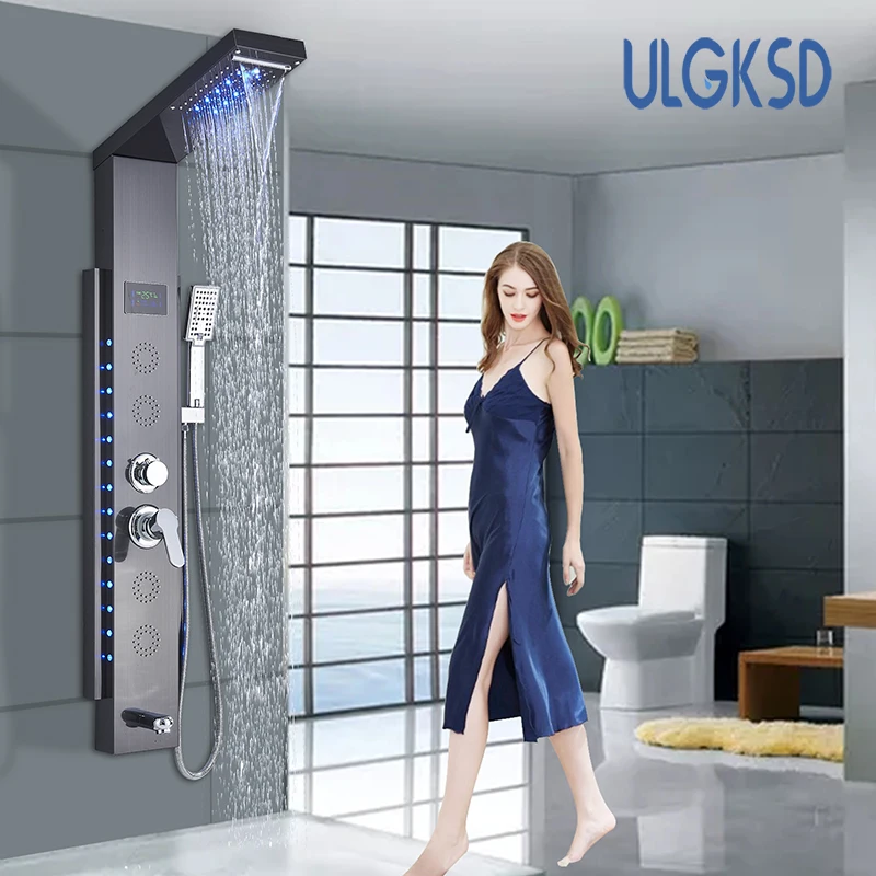 

Wall Mounted LED Light Rain Waterfall Shower Panel Faucet Body Massage Jets Shower Faucet Brass Tub Spout Colorful Shower