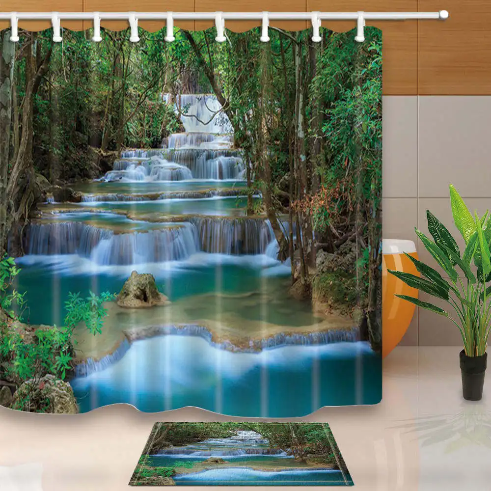 

Polyester Fabric Shower Curtains Terraced Waterfall Clear River in Forest Bathroom Curtain Waterproof Mildew Proof With 12 Hooks