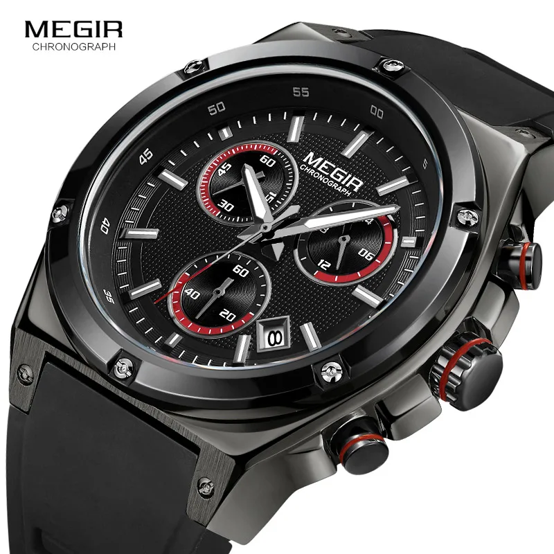 Megir Men Black Silicone Sports Quartz Wrist Watches Luminous 