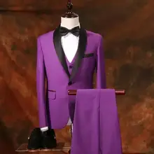 Настоящие фото, облегающие смокинги для жениха, фиолетовый жених, Лучший мужской костюм для жениха, свадебные костюмы для выпускного вечера(куртка+ брюки+ жилет