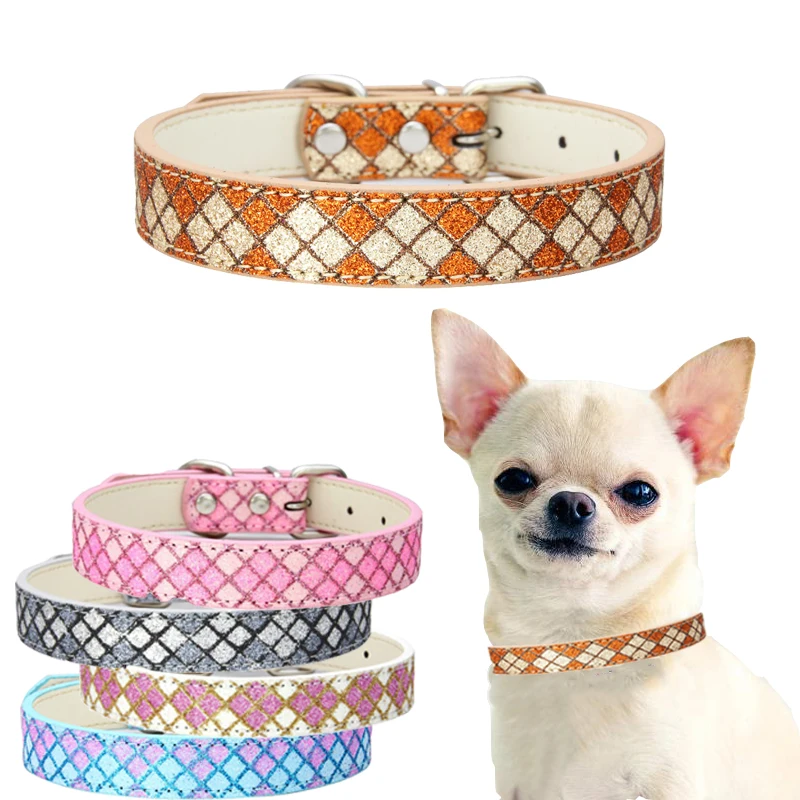 

SUPREPET Bling Lattice Print Small Dog Cat Collar Adjustable Bling PU Leather Strap Puppy Kitten Collar Pet Supplies XS To L