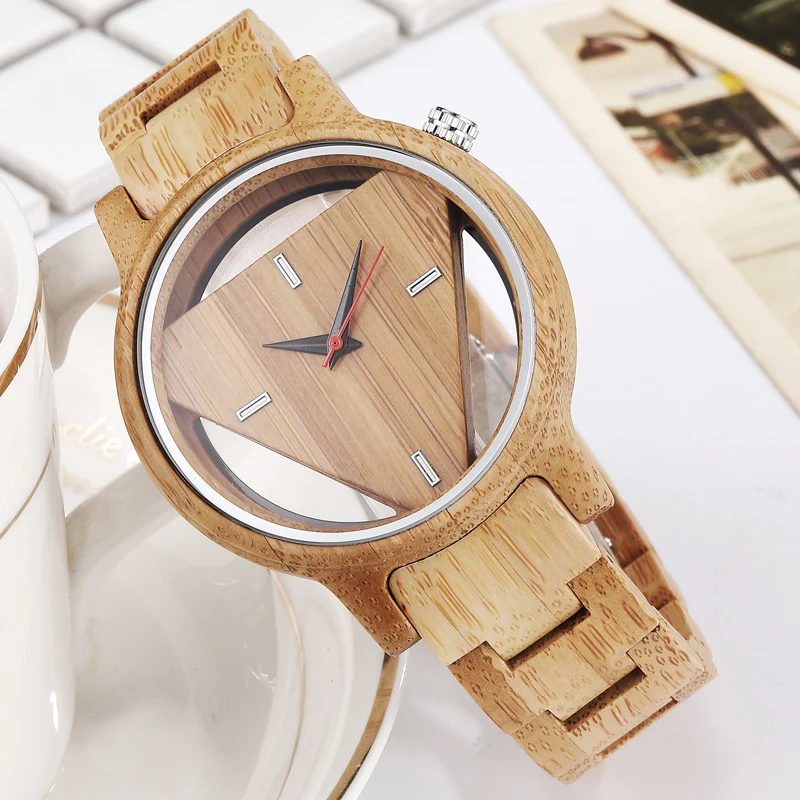 Unique Minimalist Natural Wood Watch Top Band Luxury Men Triangle Transparent Casual Male Bamboo Quartz Wristwatch Clock Gift men s natural wood watch women s lovers wood watch rubber band men s women s quartz clock men s relaxo men s style