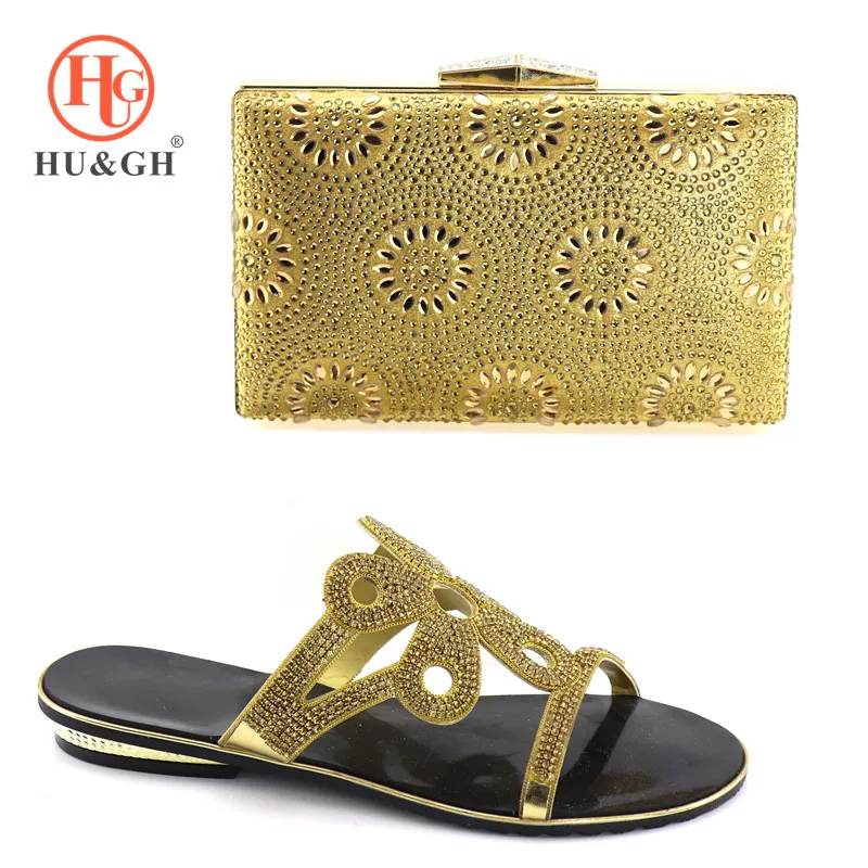 

2018 Italian Matching Shoes and Bag Set Gold Color Italy Shoe and Bag Set Decorated with Rhinestone African Women Italian Shoes