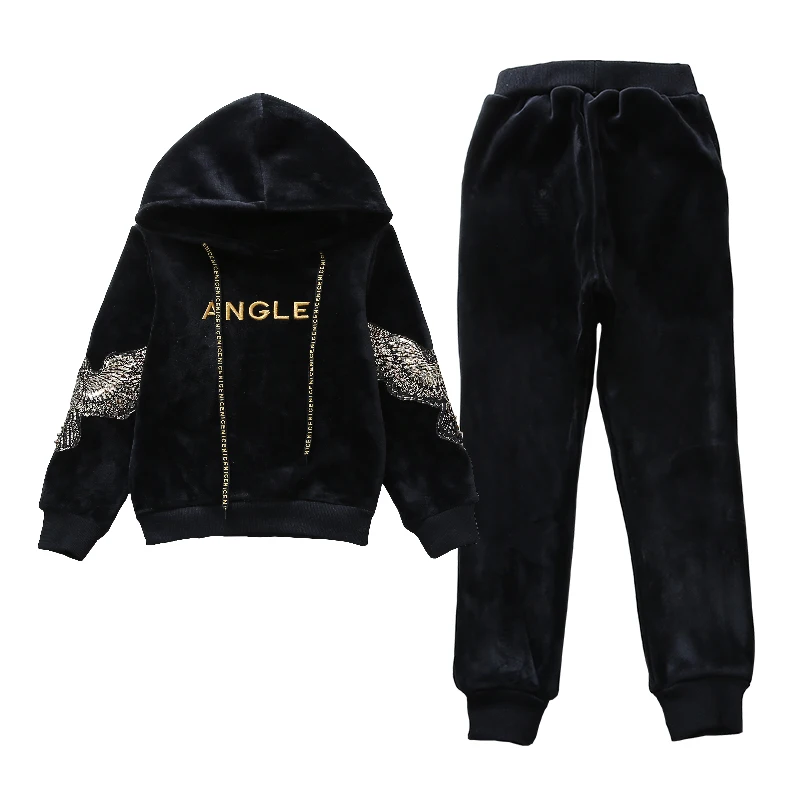 FYH New Kids Clothing Girls Winter Suit Gold Velvet Children Clothing Set Vest+ Hooded Sweatshirt+Pants Warm Thicken Casual Set