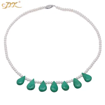 

JYX 2019 Bohimia style 4mm Natural White Freshwater Cultured Pearl Necklace with Green Oval Turquoise Pendant 17" summer jewelry