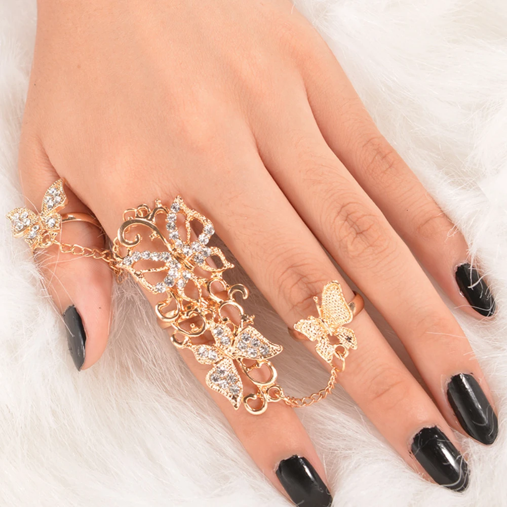 

Fashion Rhinestone Hollowed Butterfly Link Finger Ring Adjustable Women Jewelry