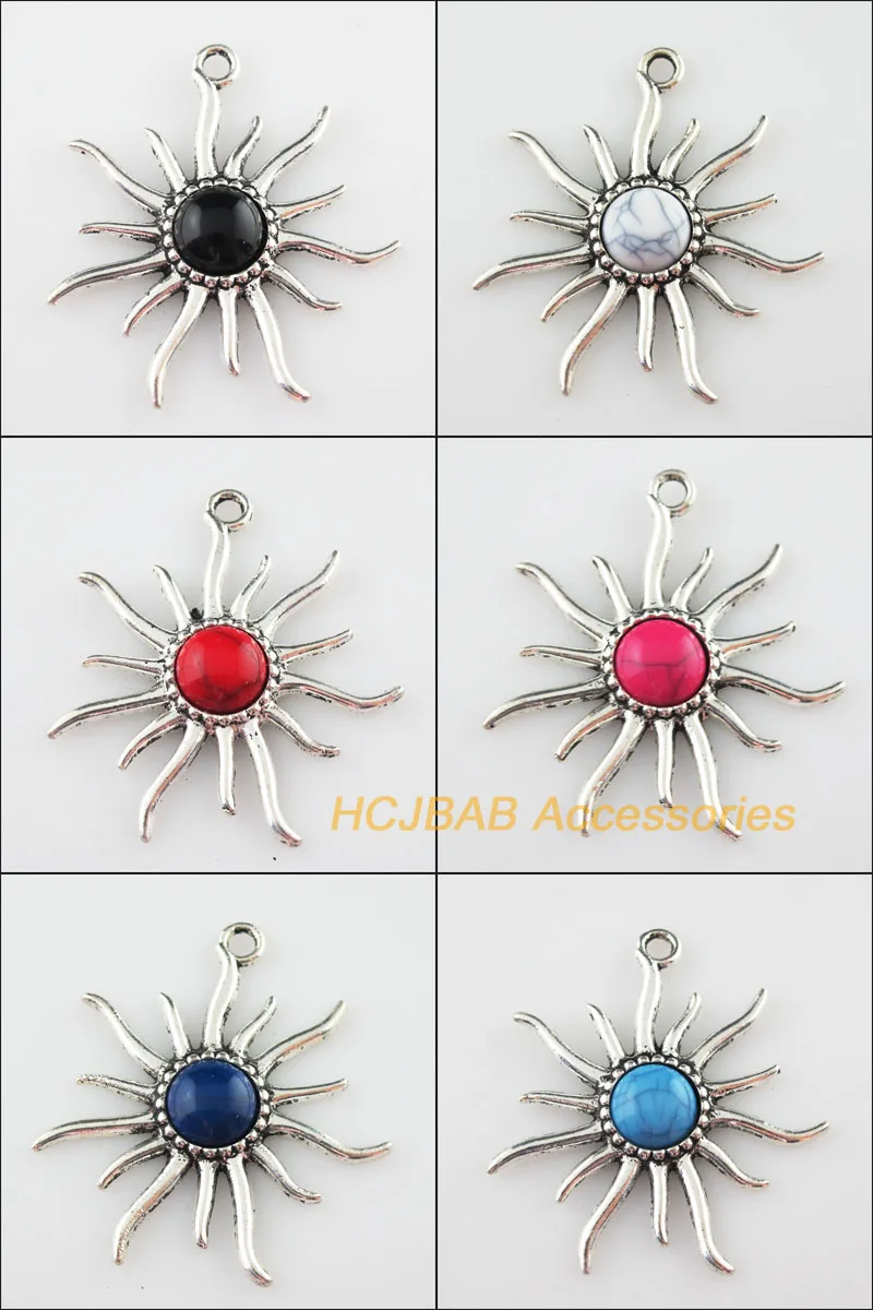 

2Pcs Tibetan Silver Tone SunFlower Colored Stone Charms Pendant 45x51mm