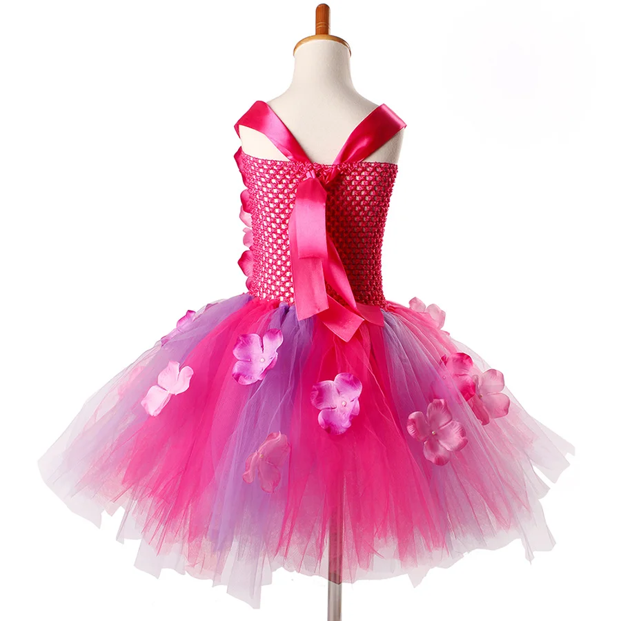 Girls Pink Purple Flowers Tutu Dress Summer Children Crochet Bodice Tulle Clothes (15)