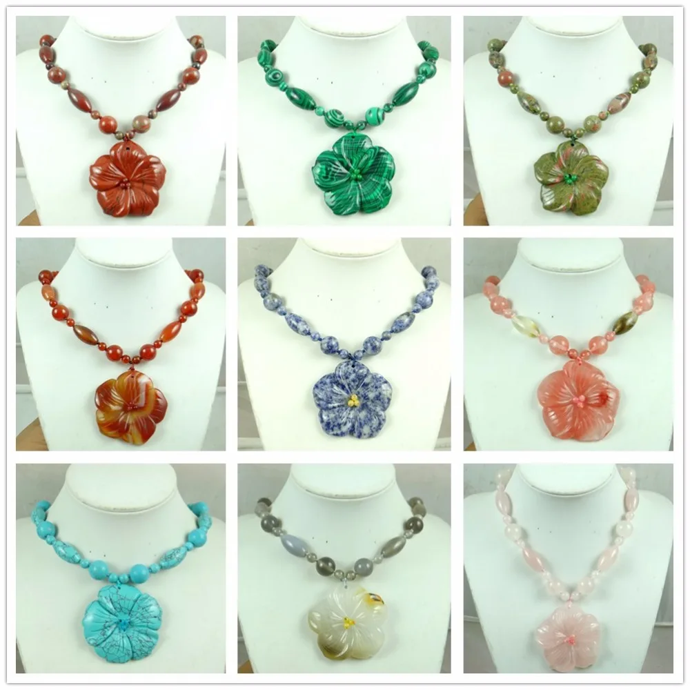 

Wholesale Fashion hot beautiful natural carved stone flower pendant gem necklace jewellery making Free shipping