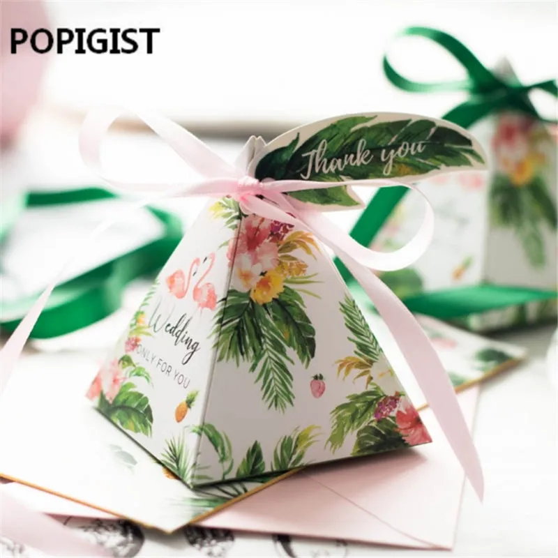 

Flamingo forest Green Leaves Flower Pyramid Wedding Favors Candy Boxes Chocolate Gift Box & Ribbon & Tags 50pcs