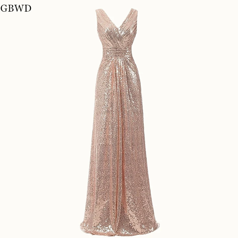 

2019 Simple Elegant Champagne Sequined A-Line Prom Dresses Sleeveless Sexy V-Neck Women's Formal Evening Dress Party Gowns
