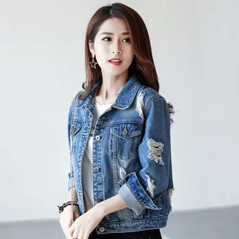 

Woman Fashion Basic Jackets 2019 New Autumn Women Denim Jackets Ripped Hole Blue Jean Coats Outerwear Casaco Feminino F273