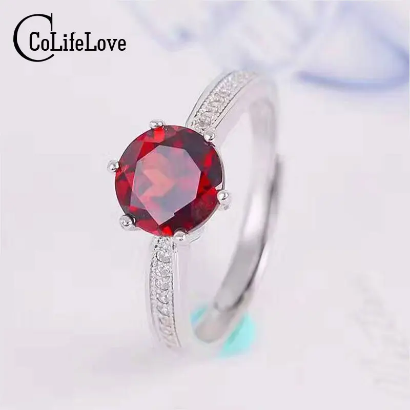 Promotion fashion garnet gemstone ring 6mm natural wine red garnet stone silver ring solid 925 sterling silver garnet jewelr
