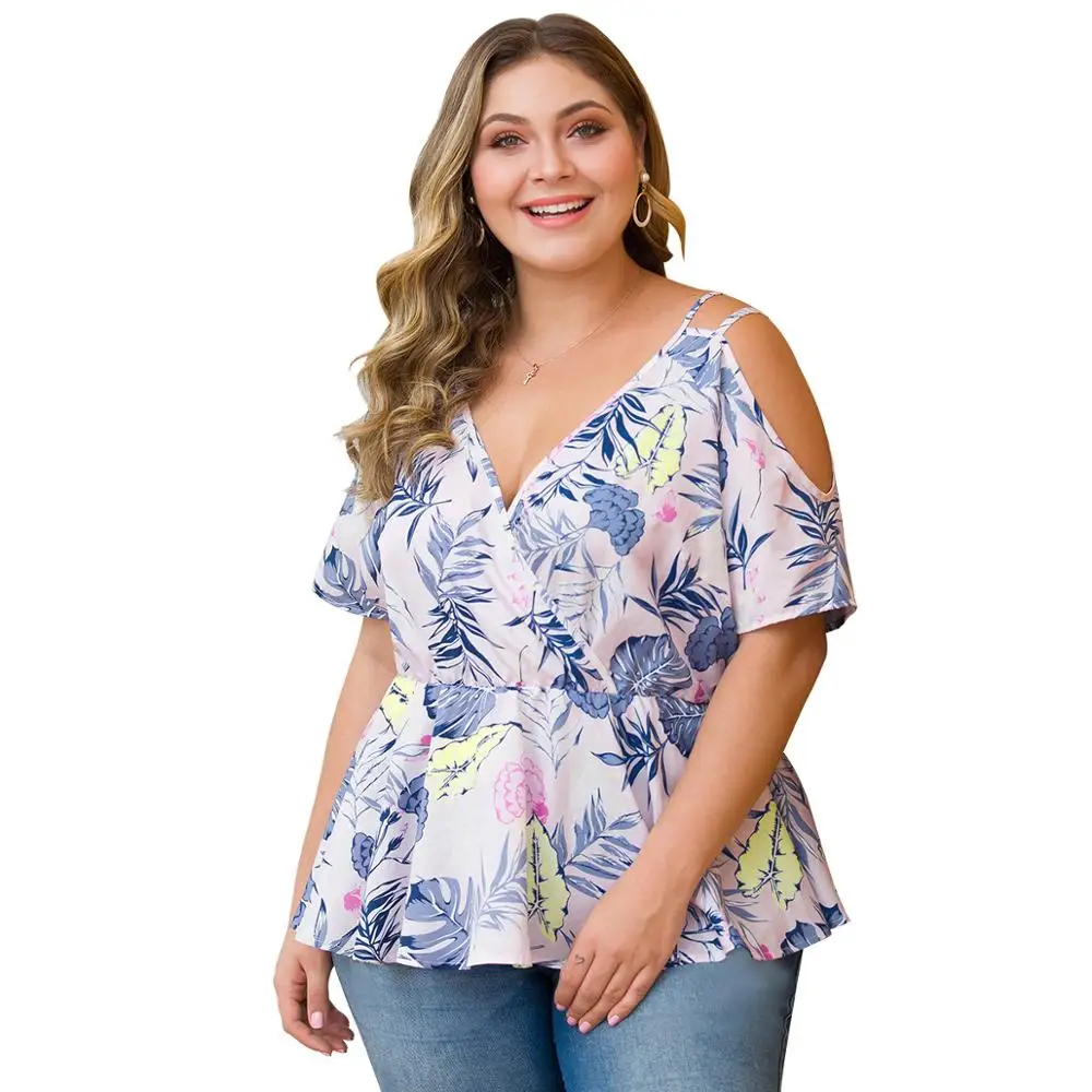 

WHZHM Summer Plus Size 3XL 4XL Ruffles Women tshirt Deep V-Neck Flower Printed Hollow Out Sexy Casual Off Shoulder Ladies Tops