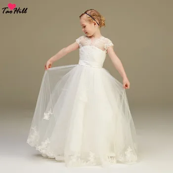 

TaoHill Elegant Girls Wedding Dress V-neck Cap Sleeves With Belt Beige Girls Party Long Dress