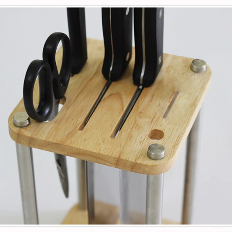 Solid Wood 304 Stainless Steel Knife Stand Block Eco-Friendly Dry Ventilated Creative Knife Holder Rack Chef Kitchen Accessories