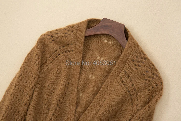 Latest Mohair& Wool Blend Jumper V Neck Hollow Out Button Front Knit Sweater- Female Camel Color Knitting Cardigan Top