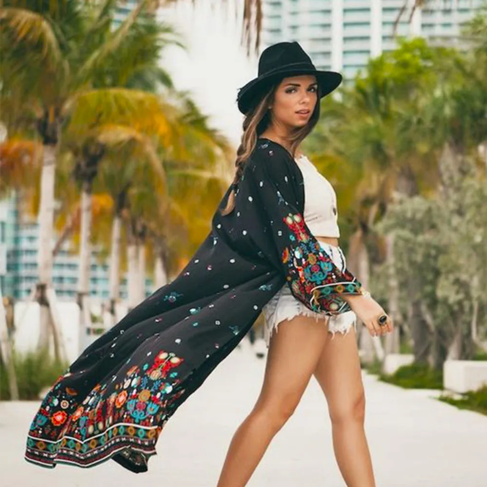 Women Summer Style Full Sleeve Floral Printed Long Kimono Cardigan Blusas Outerwear Casual Loose Sunscreen Blouse Shirt