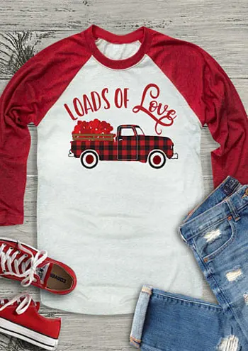 

Loads Of Love Baseball Tees Valentine's day Fashion T-Shirt Women Three Quarter Sleeve Casual Spring White Splicing Basic Tops