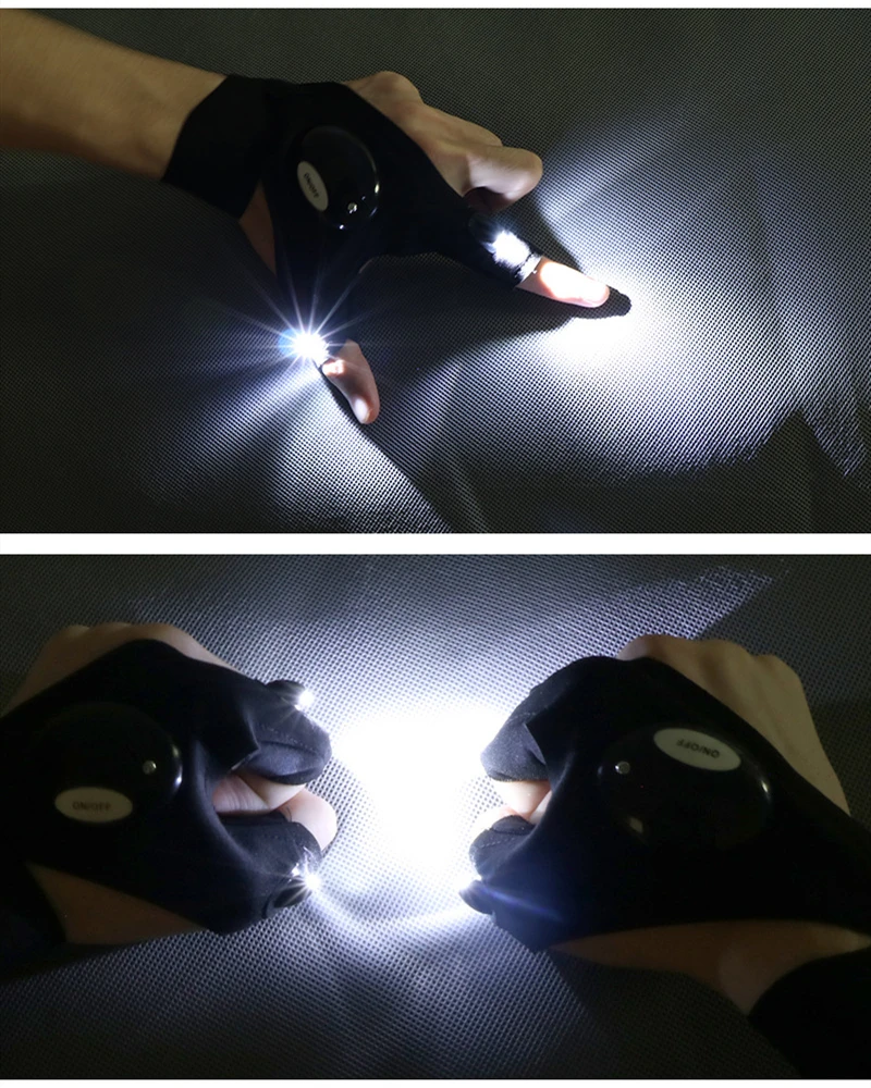 Rokavice z nočnimi lučkami - nepremočljive ribiške rokavice z LED svetilko, reševalna orodja, kolesarska oprema na prostem, praktične vzdržljive rokavice brez prstov