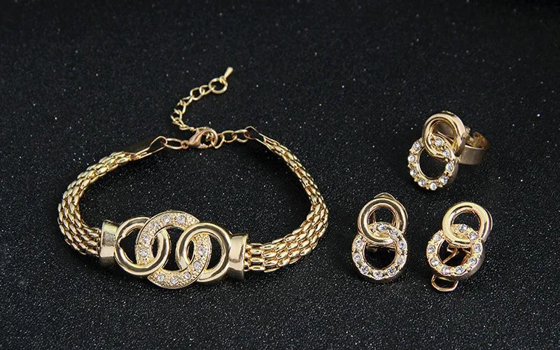 Комплекты ювелирных изделий золотого цвета Африканский чокер с бусинами ожерелье серьги браслет тонкие кольца для женщин CZ Винтажные Ювелирные Изделия