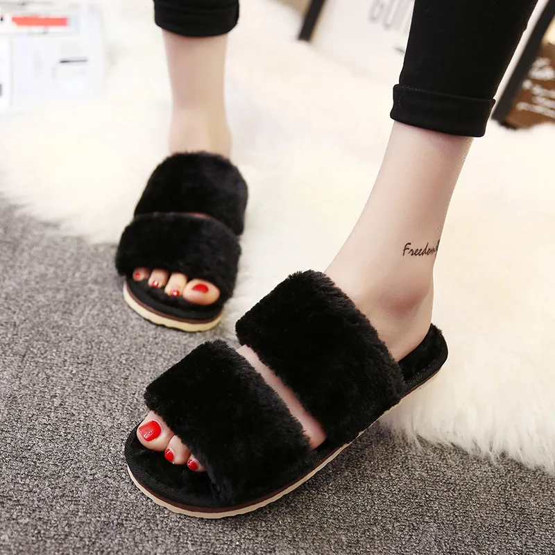 

2019 spring autumn new two bar open toe plush home slippers wome woman shoes comfortable thick bottom slip wear slippers winter