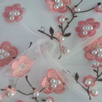 

Hot sale African French Lace Fabric Beads 3D Flower pearl Tulle Lace for dress