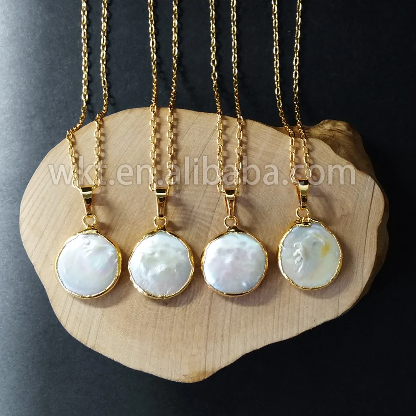 

WT-N507 Charming necklace Natural freshwater pearl raw round pearl with 24k gold trim in high qulaity fashion pendant jewelry