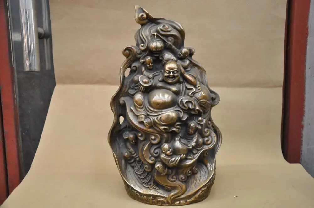 

SS 13'' China Folk 5 Kids Play With Happy Maitreya Buddha Bronze Statue Bring Luck