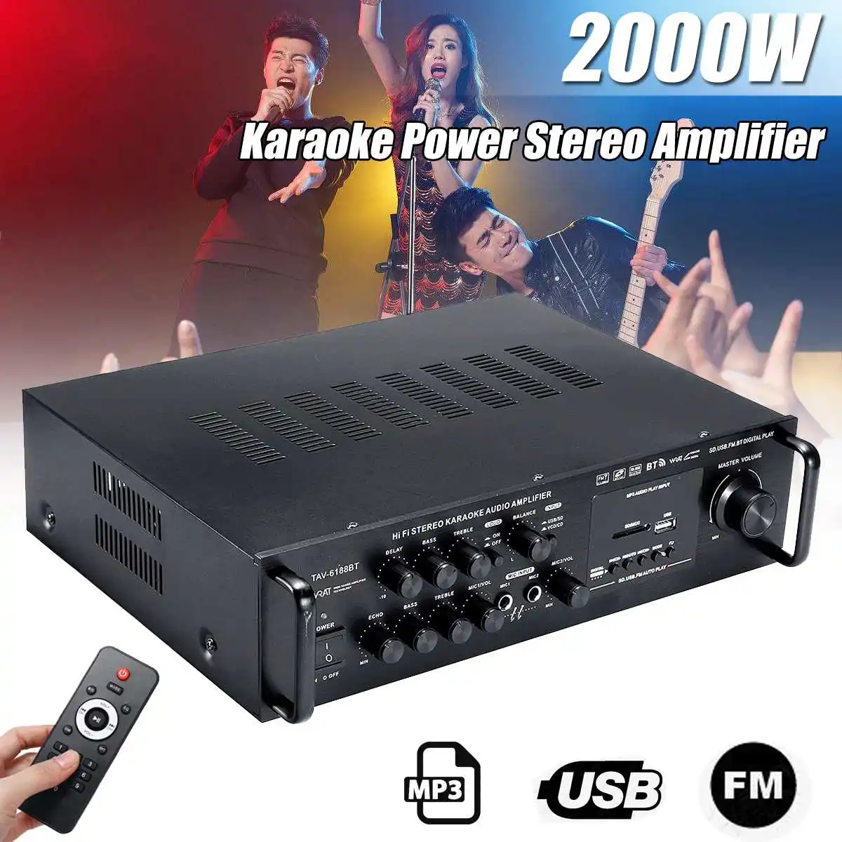 Беспроводной аудио усилитель bluetooth 2000 Вт цифровой стереоусилитель FM USB SD караоке
