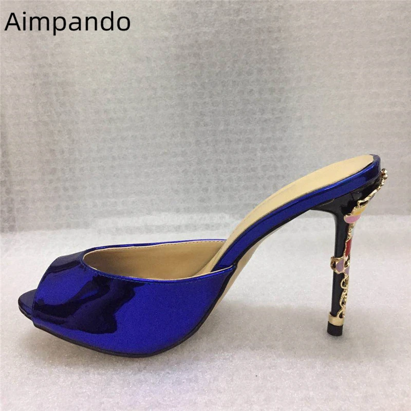

Quality Design Colorful Metal Decor Slippers Women Peep Toe High Heels Shiny Patent Leather 2019 Fashion Mules For Lady