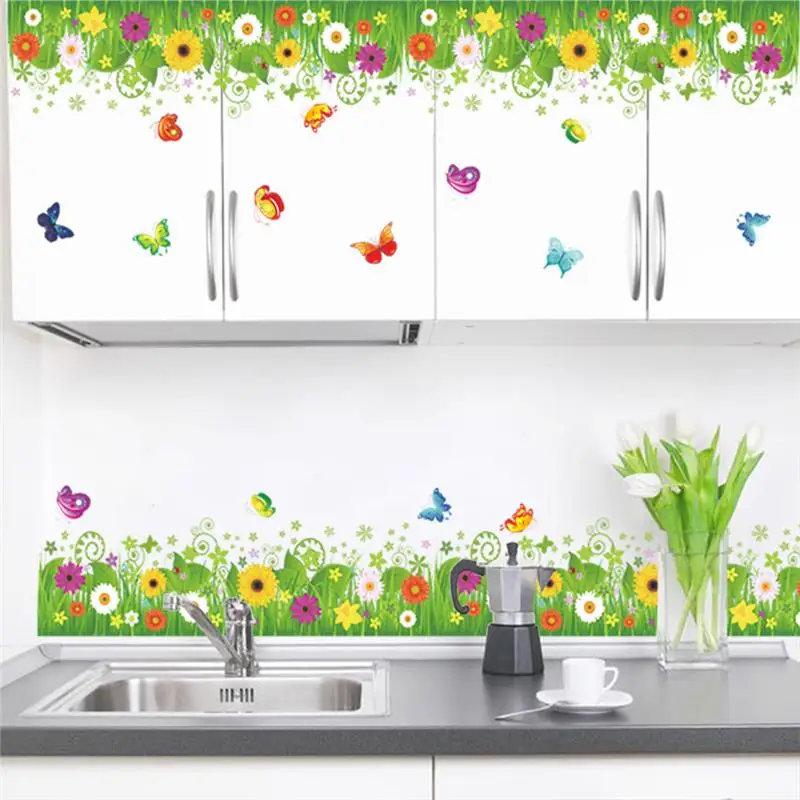 spring colorful flower grass butterfly Clover Skirting Line Flora diy home decal wall sticker Furniture kitchen wedding mural