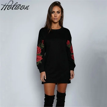 

New Fashion 2017 Autumn Sweatshirt long Sleeve female pullover Loose tops embroidery floral harajuku Hoodies Lady Mini Dress