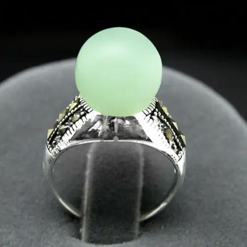 

RARE 8MM LIGHT GREEN stone BEADS MARCASITE 925 STERLING SILVER RING SIZE 7/8/9/10