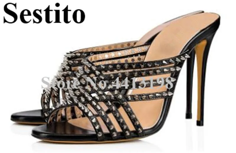 

2019 New Fashion Cross-tied Narrow Band Rivet Solid Peep Toe High Heel Sandals Basic Super High Thin Heels Open Heel Women Shoes