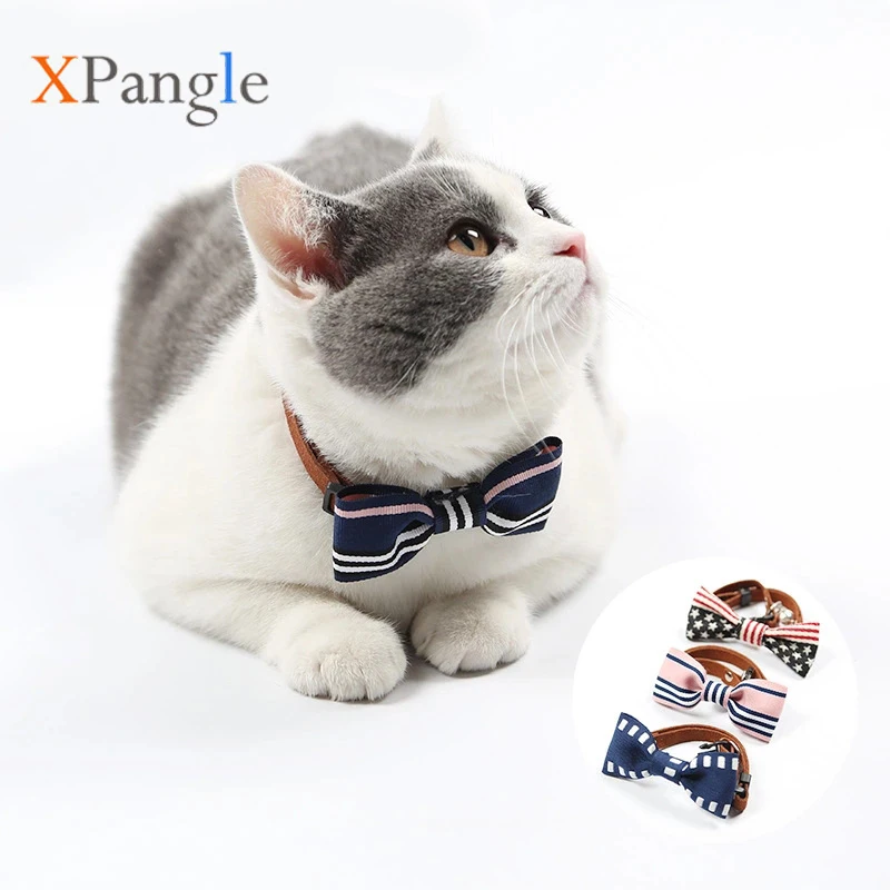 XPangle Striped Dog Cat Collar with Bow Tie Bell Collars for Small Dogs Cats Puppies Kitten Accessories Star-Spangled Banner | Дом и сад