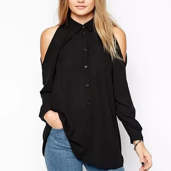 Women off shoulder long shirts sexy chiffon tops turn down collar blouse Blusas Femininas long sleeve casual plus size LT426