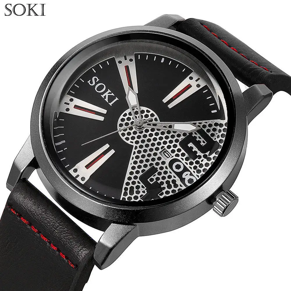 

SOKI Men Watch Sport Luxury Male Leather Sport Complete Calendar Quartz Military Wrist Watch Men Clock
